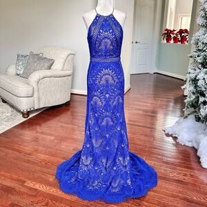 Luxury Val Stefani Blue Nude High Neck Cutout Pattern Gown Dress Size 4